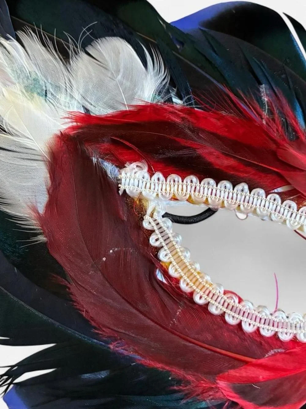 Feathered Masquerade Eye Mask in Red , White and Blue